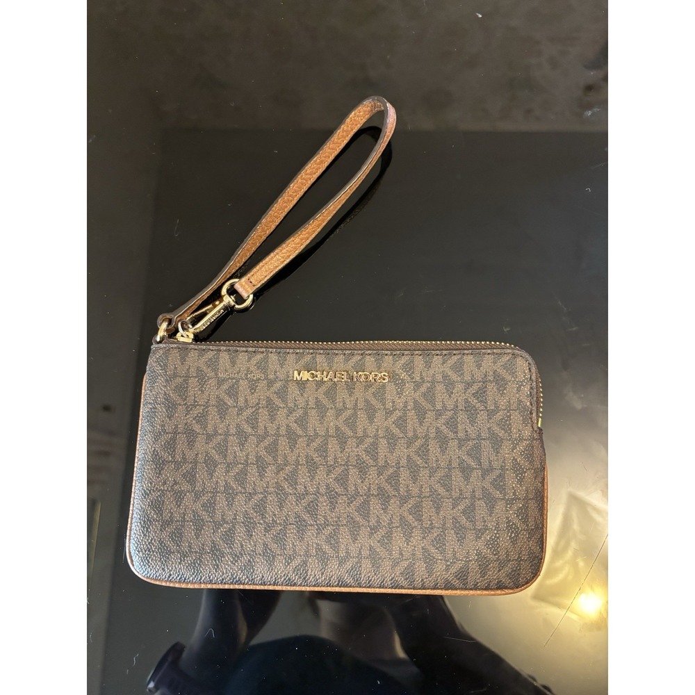 Michael Kors Wristlet Wallet MK Logo Brown Zip